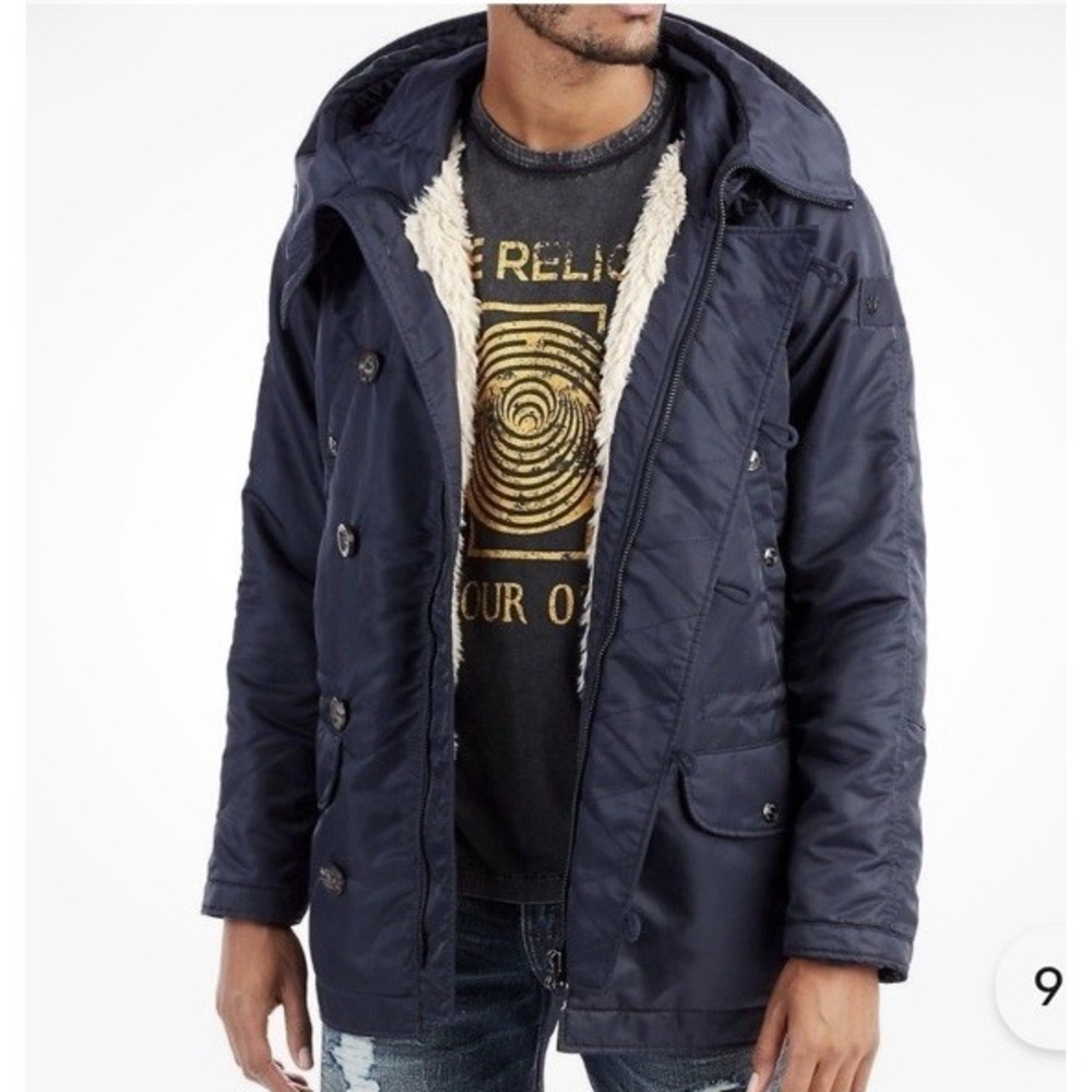TRUE RELIGION Sz S SHERPA LINED PARKA FAKE FUR JACKET NIGHT BLUE Hoodie